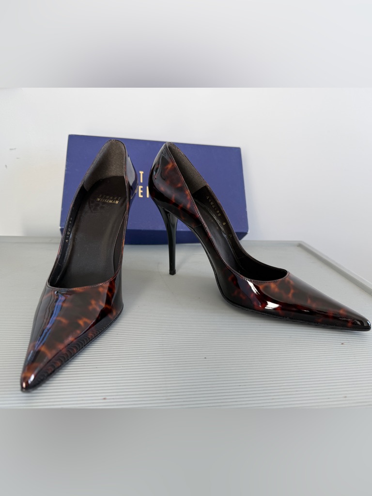 New Stuart Weitzman Brown Tortoise Patent Leather Pointy Heels Stilettos Shoes 8